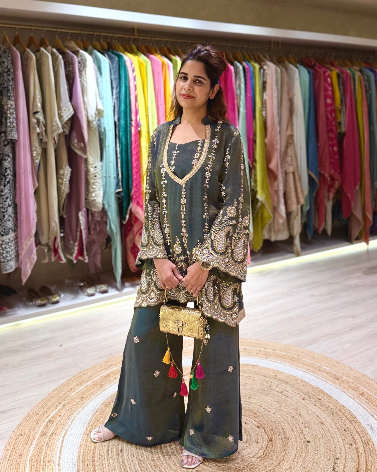Grey Festive Embroidered Kurti and Plazzo Set