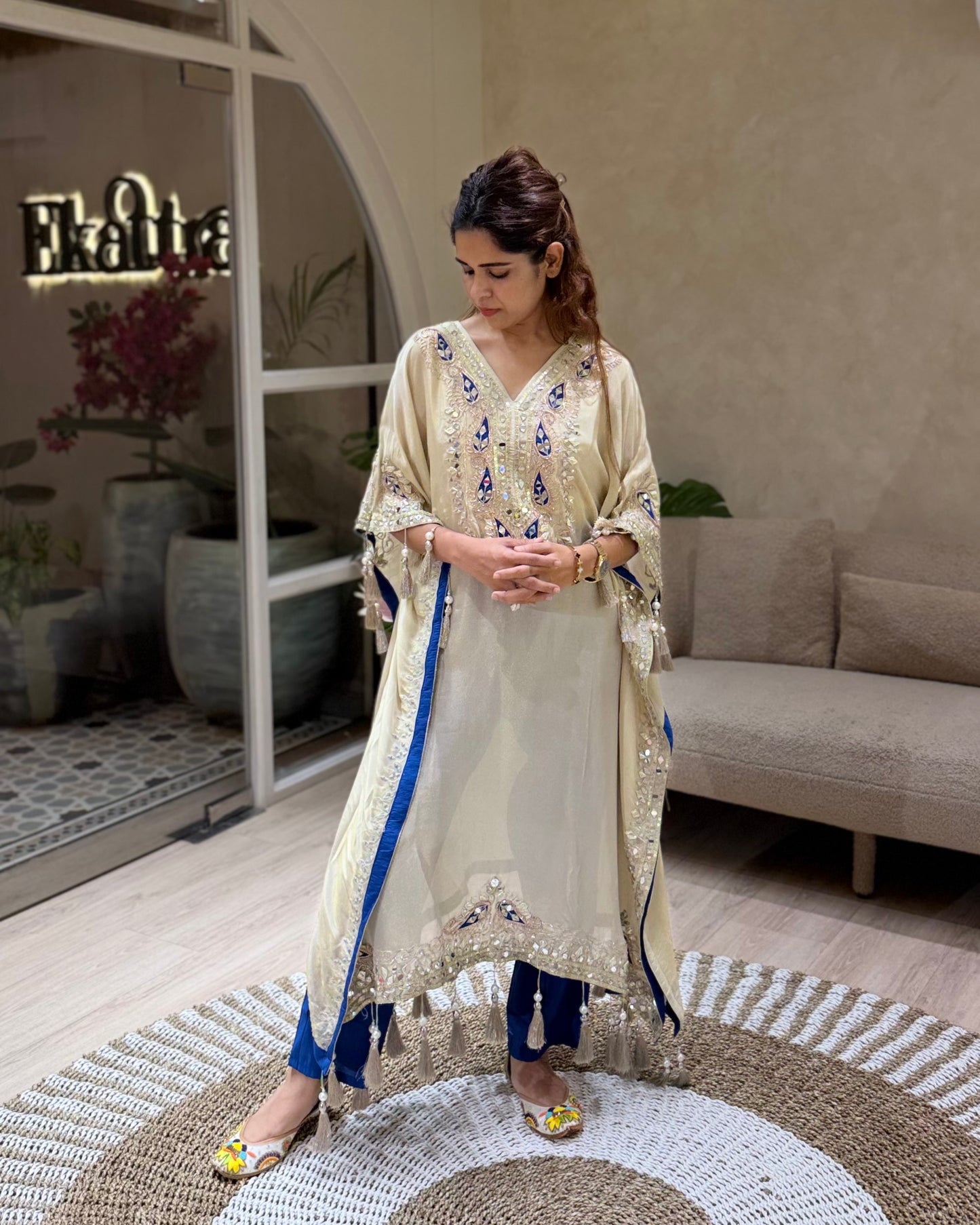 Cream and Blue Kaftan Set