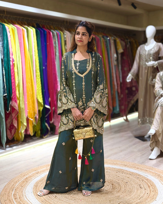 Grey Festive Embroidered Kurti and Plazzo Set