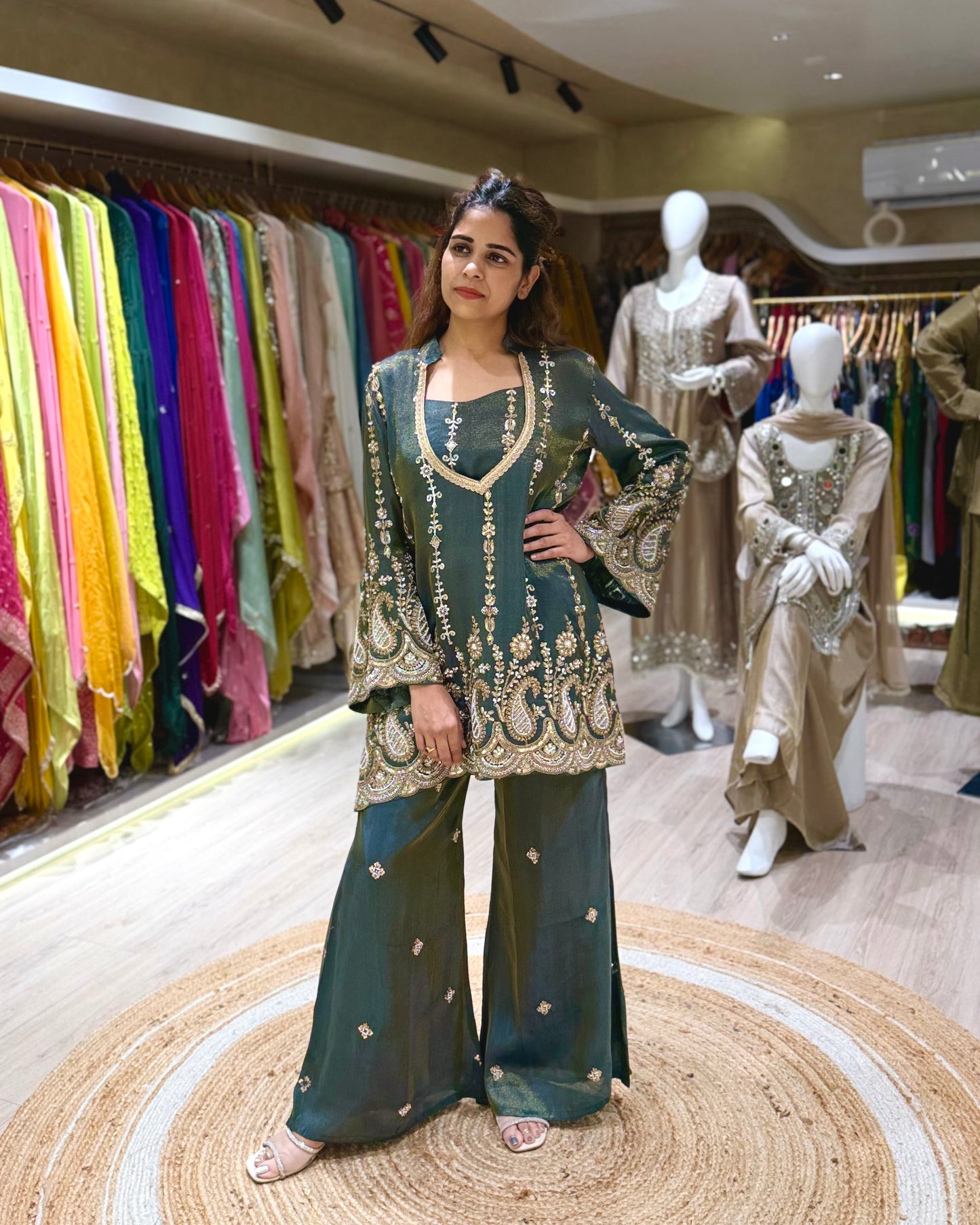 Grey Festive Embroidered Kurti and Plazzo Set