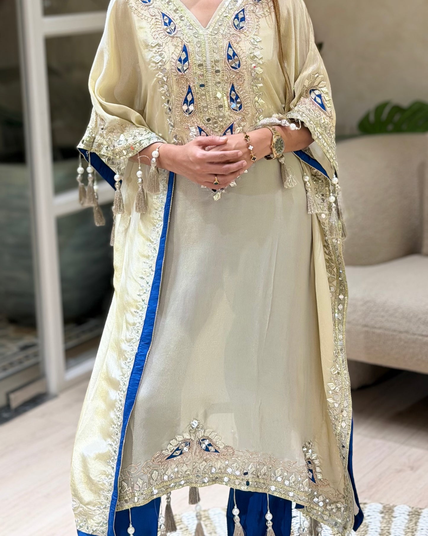Cream and Blue Kaftan Set