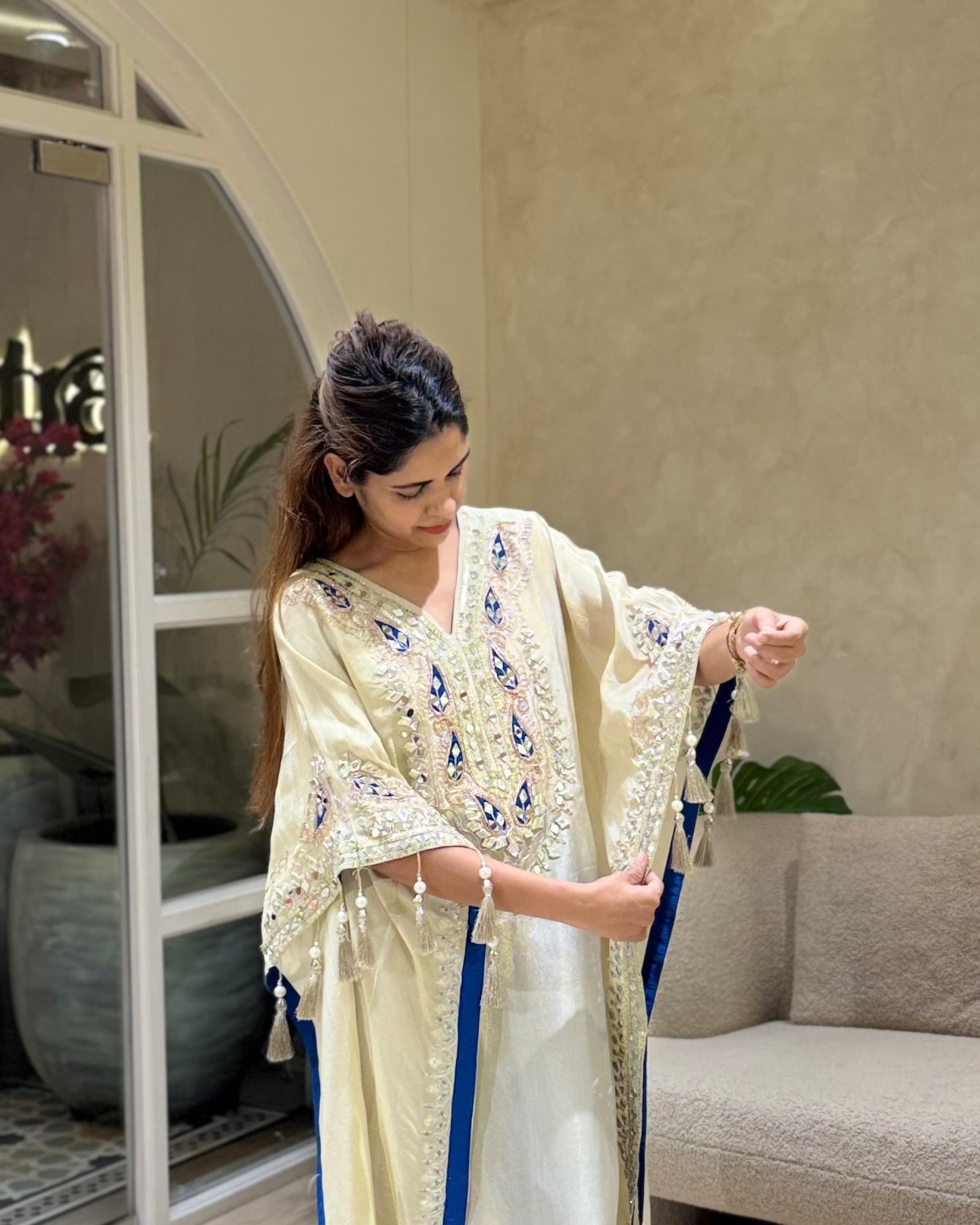 Cream and Blue Kaftan Set