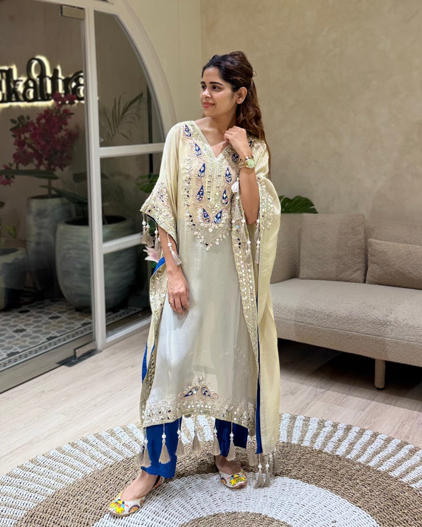 Cream and Blue Kaftan Set