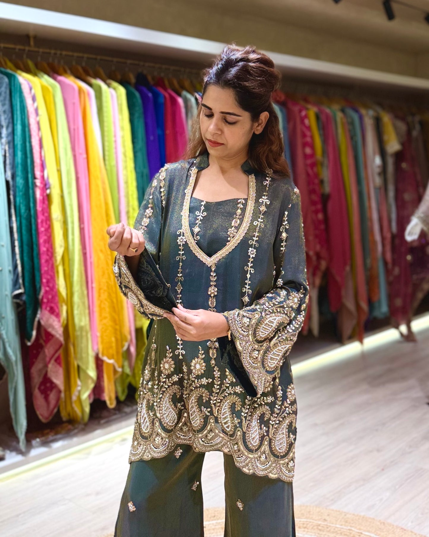 Grey Festive Embroidered Kurti and Plazzo Set