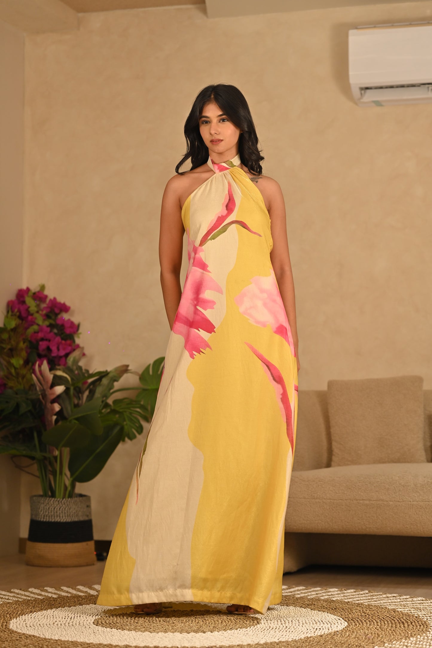yellow floral flarred dress