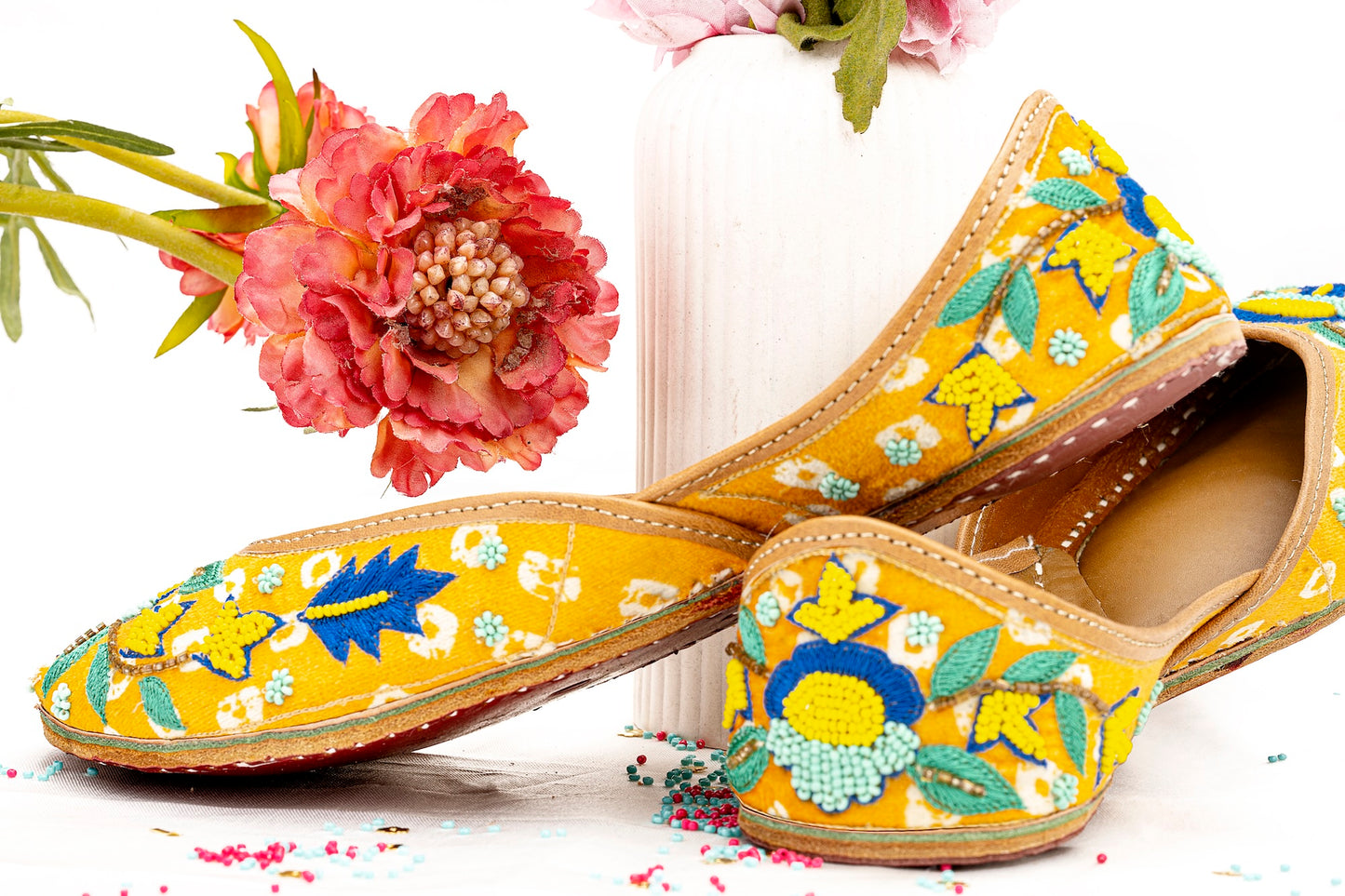 Yellow embroidered mojri