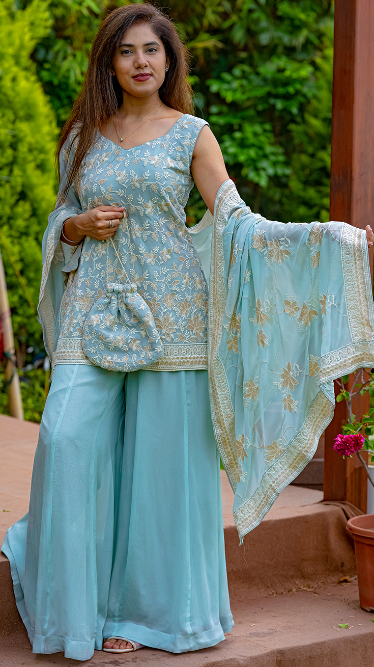 Chic Blue Short Kurti with Sharara Set